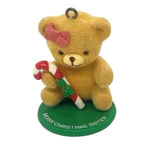 Vtg 1987 Enesco Flocked Teddy Bear Merry Christmas Sister Ornament Pink Bow 2"